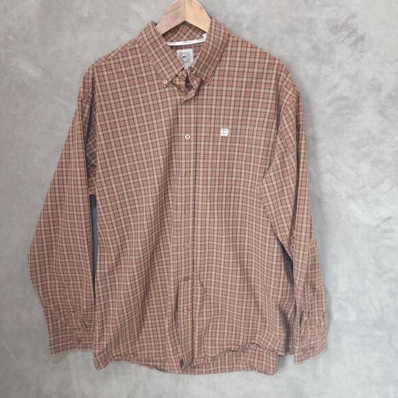Cinch Men's Large Brown Plaid Rodeo Cowboy Button-Down Shirt 100% Cotton Stylish - Picture 1 of 8
